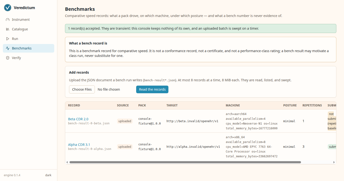 The benchmark record list in light mode